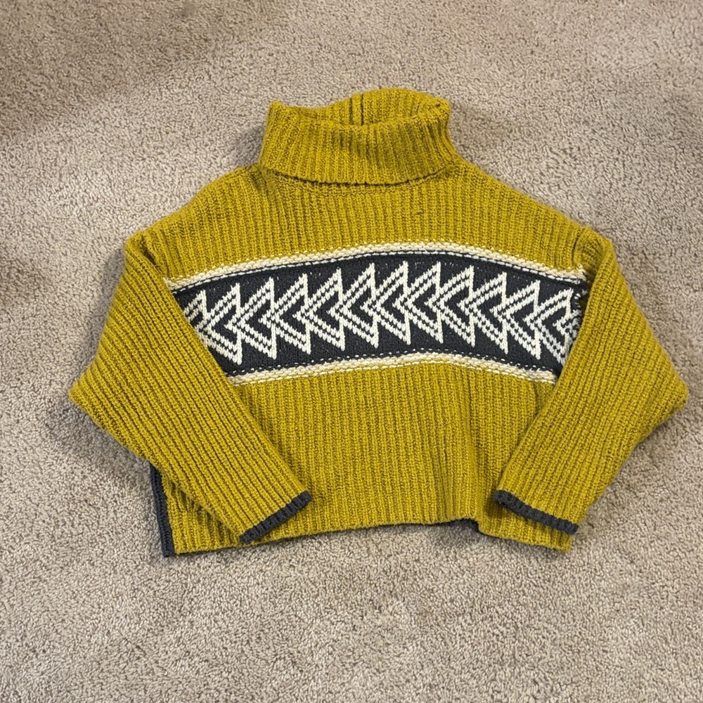 Free People Mustard Turtleneck Sweater with Black and White Pattern